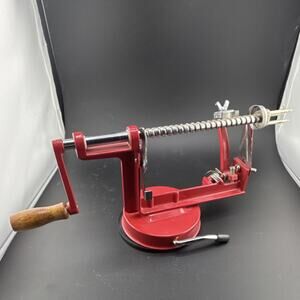 R & M Red Manual Apple Peeler/Corer/Slicer Fruit Tool Metal Base Wood Handle